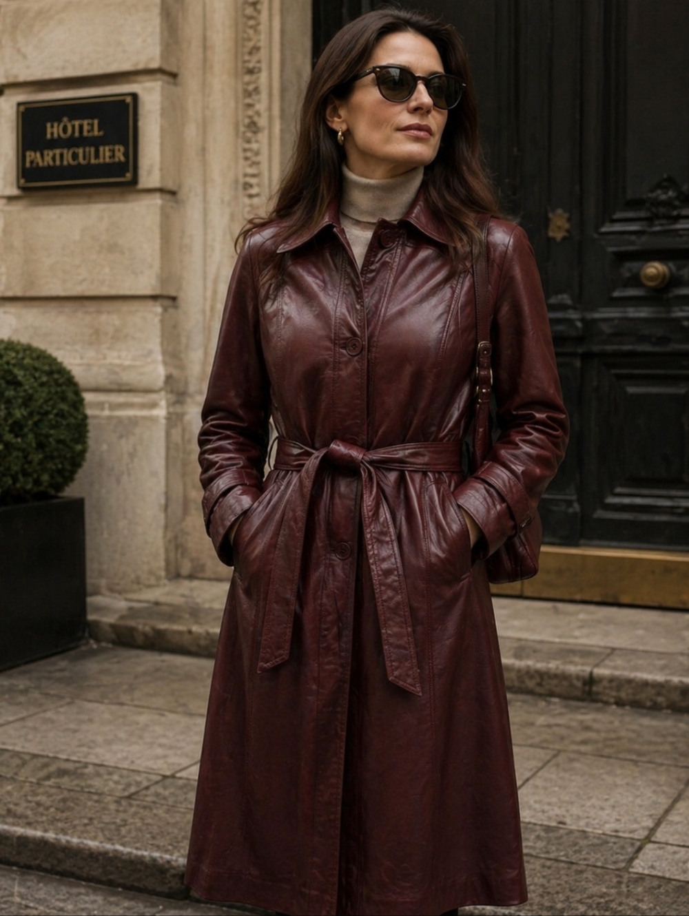 Vtg 70s Suburban Heritage Burgundy oxblood Leather Chic Trench Coat Tie Belt - Picture 14 of 14